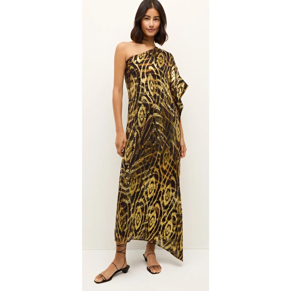 B60 Marie Oliver Farrow Caftan Maxi Dress Small One Shoulder Silk Metallic - Picture 2 of 11
